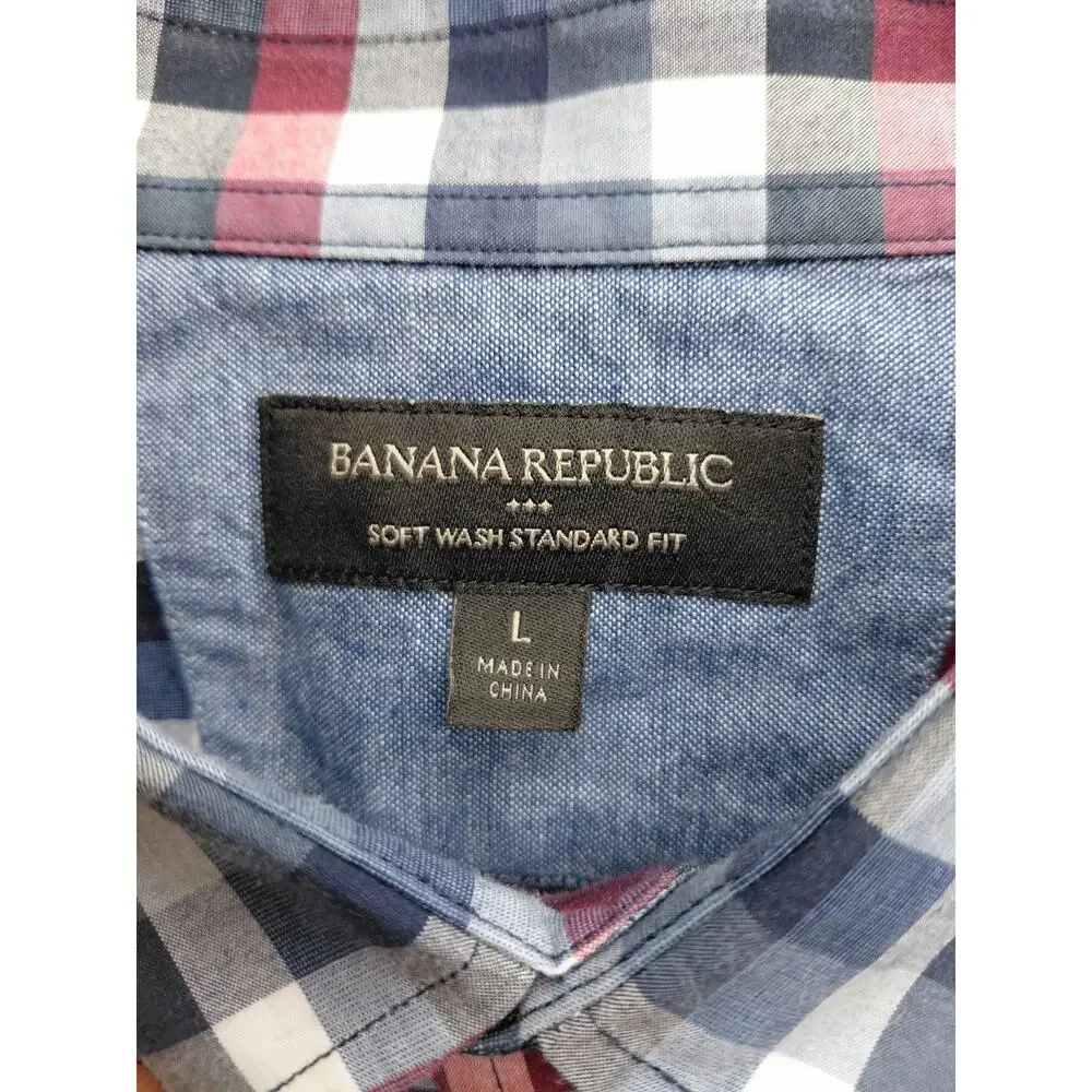 Banana Republic Soft Wash Standard Fit Plaid Button Up Shirt Mens L Blue Preppy